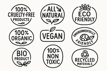 Fototapeta premium Hand drawn vegan, cruelty-free, and eco friendly product label badges set. Vector labels collection