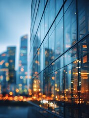 Modern architecture reflecting city lights at dusk; close up of glass building facade in urban environment at twilight