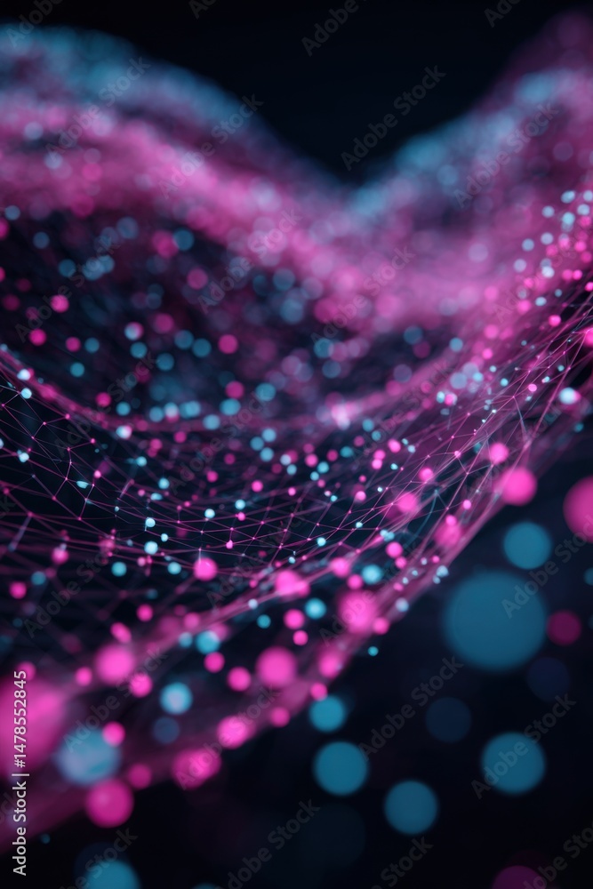 Aufkleber abstract network of pink and blue light points interconnected on dark background close up modern sty