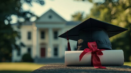 Black mortarboard hat with rolled diploma tied with red ribbon, soft-focus university building backdrop generative ai