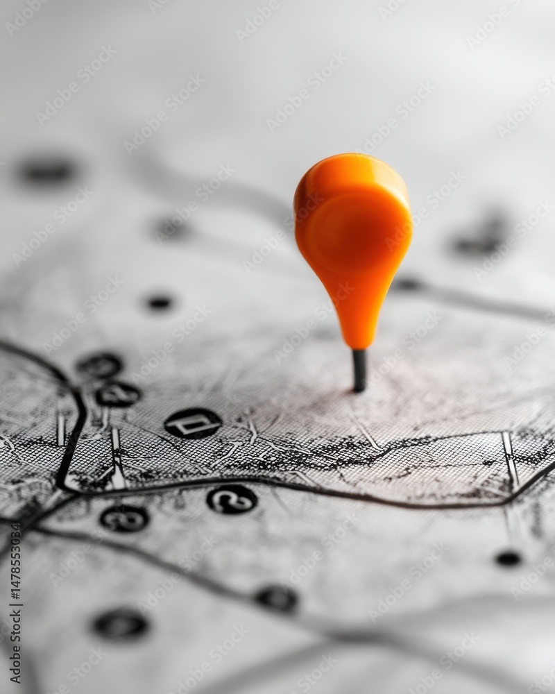Poster orange pin marks destination on detailed map close up shot representing travel planning and location