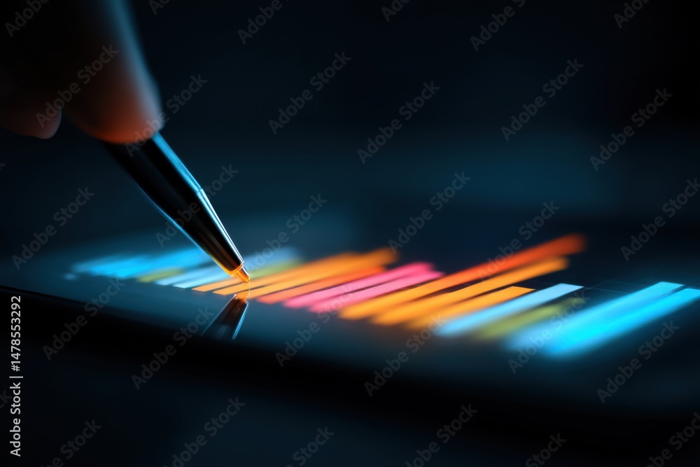 Poster stylus pen interacting with digital graph on tablet close up low angle studio shot for business anal