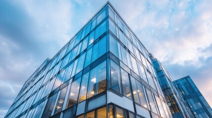 Fototapeta premium Modern glass office building exterior looking up at cloudy sky in urban business district at dusk or dawn