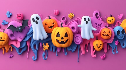 Obraz premium Whimsical Halloween scene with ghosts, pumpkins, and colorful goo on pink background
