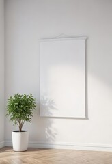 Clean white wall with hanging poster mockup, modern design,  art,  creative,  space