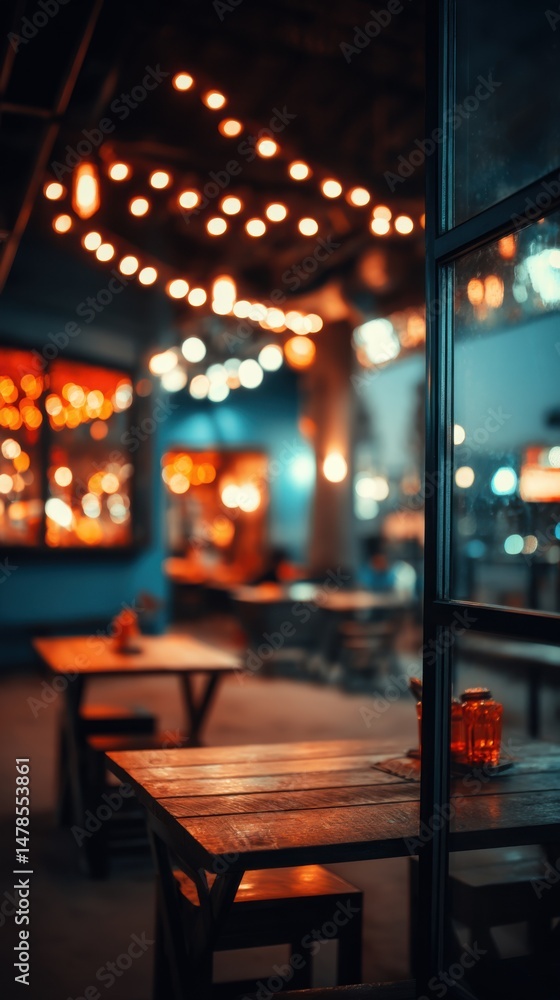 Aufkleber Cozy Restaurant Interior View Through Window with Warm Lighting and Empty Tables Atmosphere in the Evening