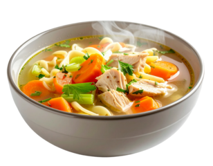 Homemade Chicken Noodle Soup in Bowl, Steaming Hot, Transparent PNG 