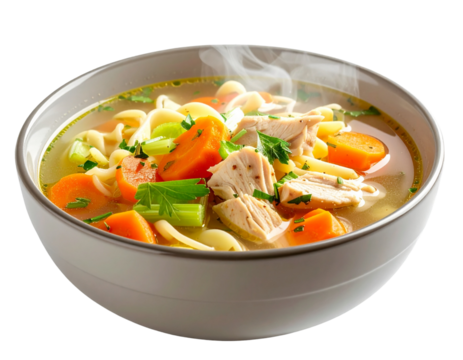 Homemade Chicken Noodle Soup in Bowl, Steaming Hot, Transparent PNG 