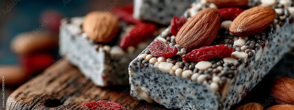 Poster bright and clear flat lay top-view food photograph of homemade style gangjeong bars with visible une