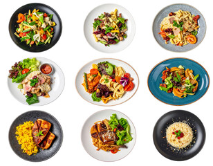 Top View Set of Assorted Dishes on Plates, Isolated on Transparent Background