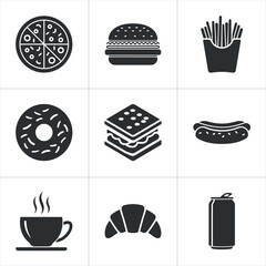 Fast Food Icons. Simple Black and White Food Icons Set. food items, including pizza,
burger, french fries, donut, sandwich, hot dog, coffee. Simple, flat design