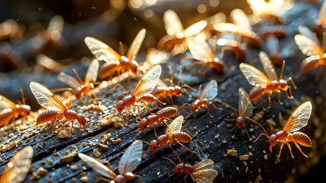 Termites Swarming on Decayed Wood Macro Shot Daylight