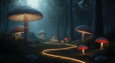 Surreal Forest with Glowing Mushrooms and Paths