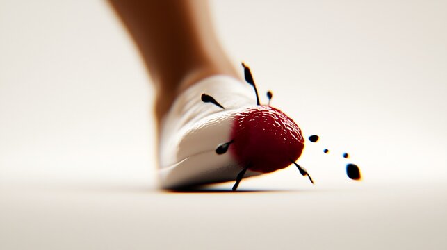 Close-up of a foot in motion, white shoe, red droplet impact - Powered by Adobe
