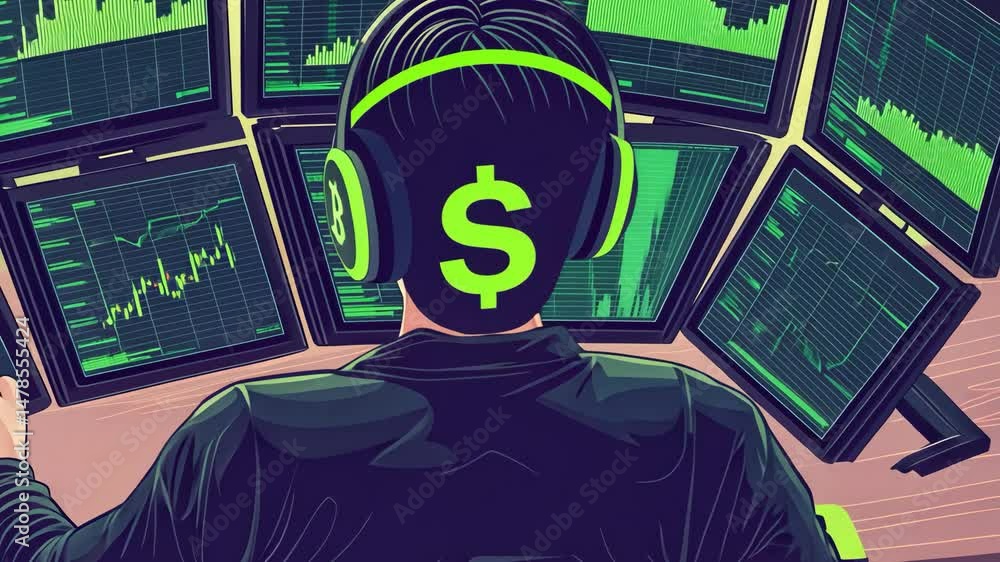 Poster trader analyzing data on multiple screens with headphones.