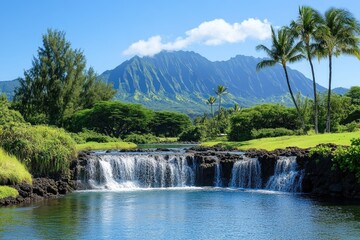 Obraz premium Tropical paradise waterfall cascading into a tranquil pool, lush greenery and mountains in the background