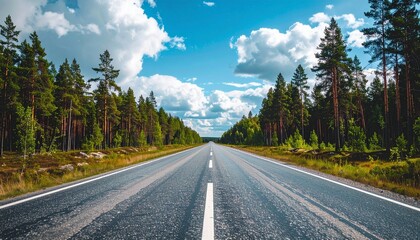 Fototapeta premium Vibrant Adventure Road with Radiant Forest Textures and Cinematic Horizon for Travel Background