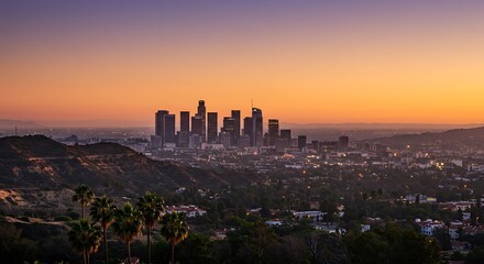 Obraz premium Golden Hour Skyline Citys Embrace Of Twilight Sunset Hues Over The City A Citys Fiery Farewell Urban Dawn Hilltop Cityscape Silhouetted Metropolis Evening City Glow City At Dusk Luminous Skyline