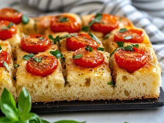 Close-up of tomato focaccia bread with basil garnish on a black serving tray for a delicious Italian appetizer