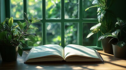 Open Book on Window Sill Surrounded by Green Plants with Natural Lighting