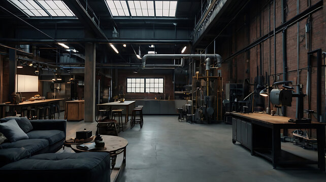 Industrial loft interior with open-plan living, kitchen, and workshop space