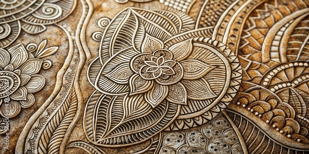 Poster intricate doodle patterns on natural stone texture background - right side copy space