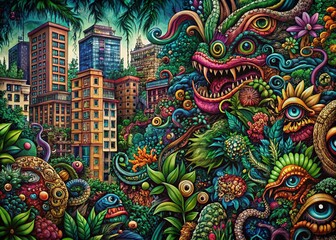 Fototapeta premium Intricate Doodle Monster Pattern on Lush Foliage - Urban Exploration Photography