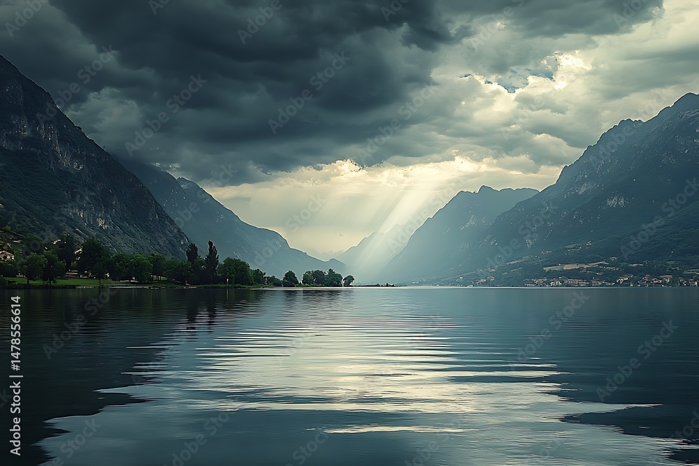 Poster sunlight streams through dark clouds over a still lake surrounded by imposing mountains