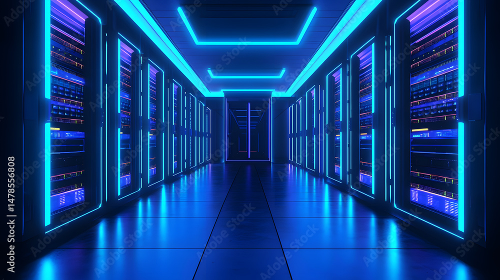 Poster rendering high-tech server room data center 3d visualization minimalist environment perspective view