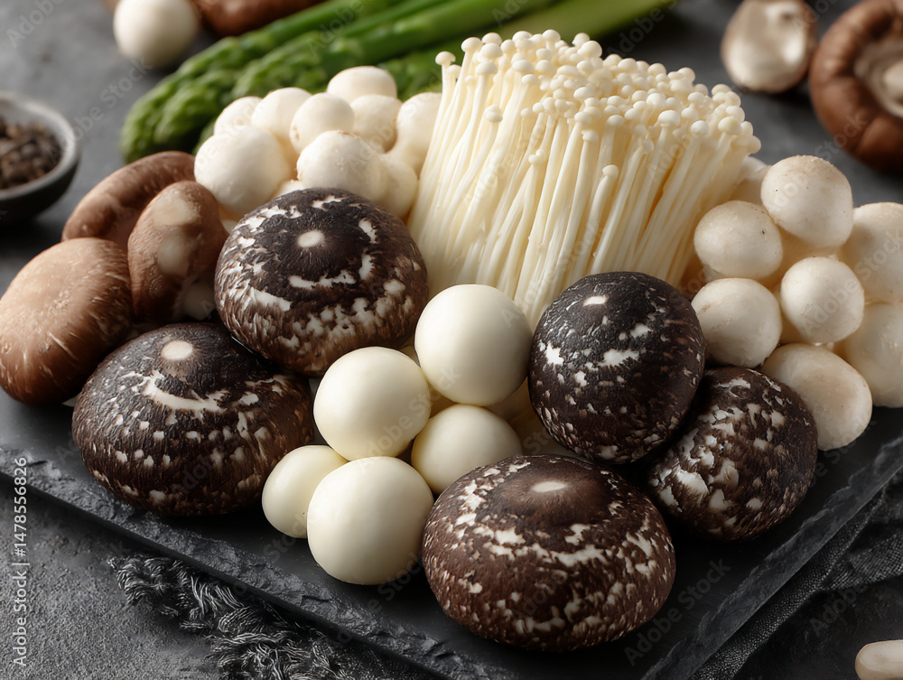 Poster dark and textured close-up flat lay photograph of various types of mushrooms on a dark slate surface