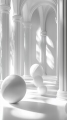 Abstract architectural composition featuring columns, arches, and spheres in white tones