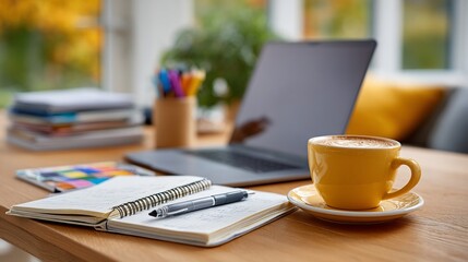 Home office workspace with laptop, coffee, and notebooks
