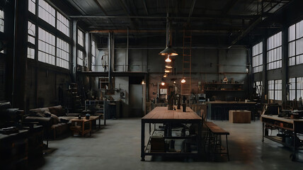 Interior of a spacious industrial workshop with tables, tools, and natural light