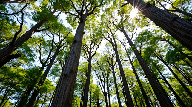 Natural background of teak tree forest, a group of teak trees looks up with sunlight