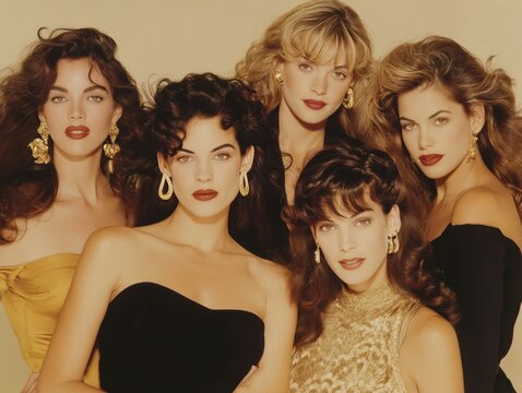 90s iconic supermodels posing together in high fashion outfits, vintage glam, wind in hair, isolated on soft beige backdrop
