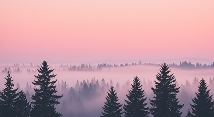 Obraz premium Foggy Forest at Sunrise with Pine Trees and Pink Sky