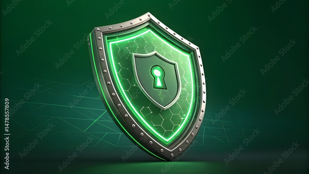 Poster a green shield with a keyhole in the center and a metal border on a green gradient background