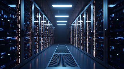 Optimizing performance in a high-tech server room data center digital rendering ultra-clean environment wide angle futuristic technology