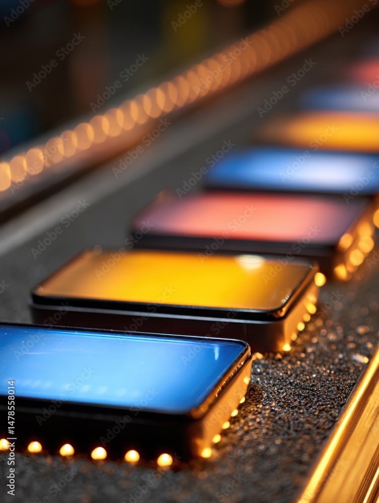 Aufkleber abstract close up of colorful glowing rectangular devices on a conveyor belt in a modern industrial 