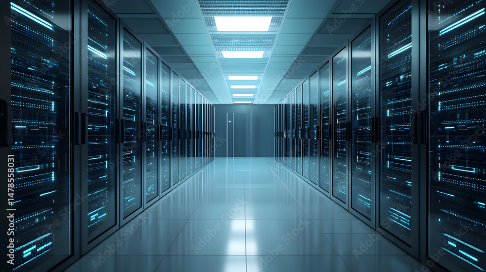 Poster optimize hightech server room data center 3d render ultraclean environment perspective view future t