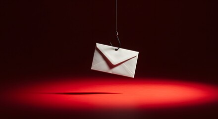 A white envelope hanging from a fishing hook against a red background with a bright red spotlight