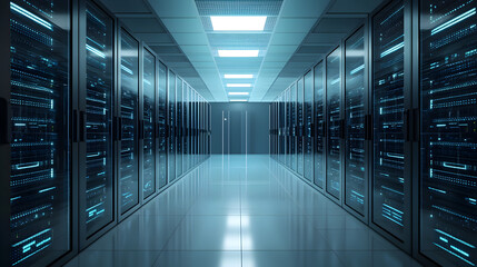 Optimize hightech server room data center 3d render ultraclean environment perspective view future technology