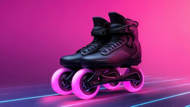 Roller skates with vibrant pink wheels on a gradient background.
