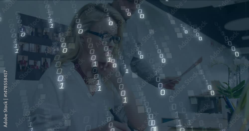 Poster two colleagues discussing technology data in office, with binary digits flowing across view