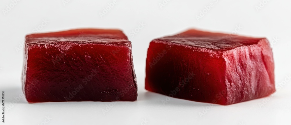 Poster two pieces of raw tuna steak displayed on a white surface in a studio setting with natural lighting 
