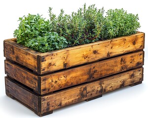 Wooden planter box with herbs