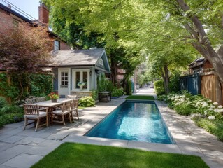 Backyard Oasis with Lap Pool and Outdoor Dining Area in Residential Neighborhood on Sunny Day