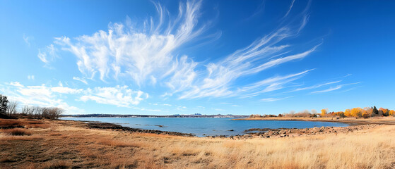 Obraz premium Panoramic View Of Lakeside Scenery Under A Dramatic Sky