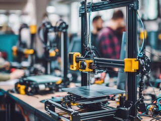 Fototapeta premium Close up of multiple 3D printers in a workshop setting showcasing additive manufacturing technology and innovation in a modern tech lab