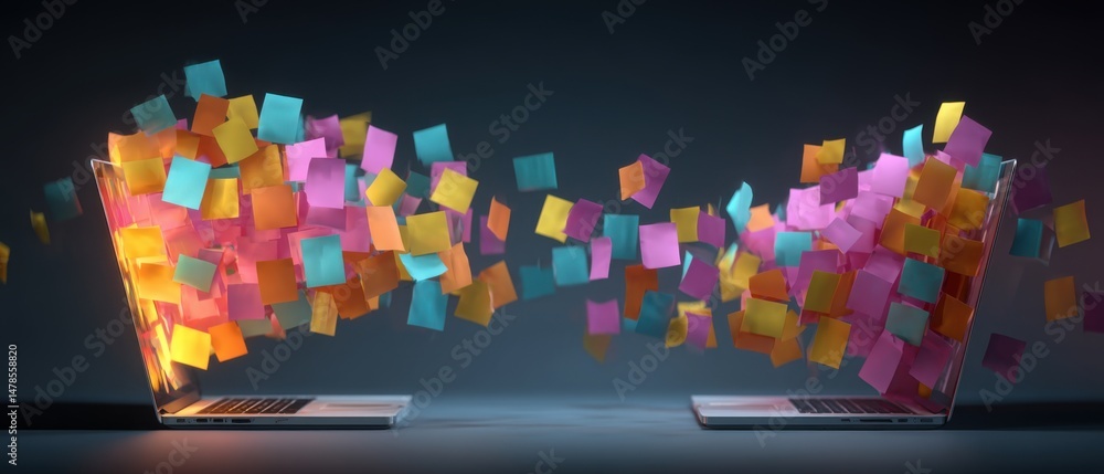 Poster two laptops exchanging colorful sticky notes in a digital communication concept studio shot with a d